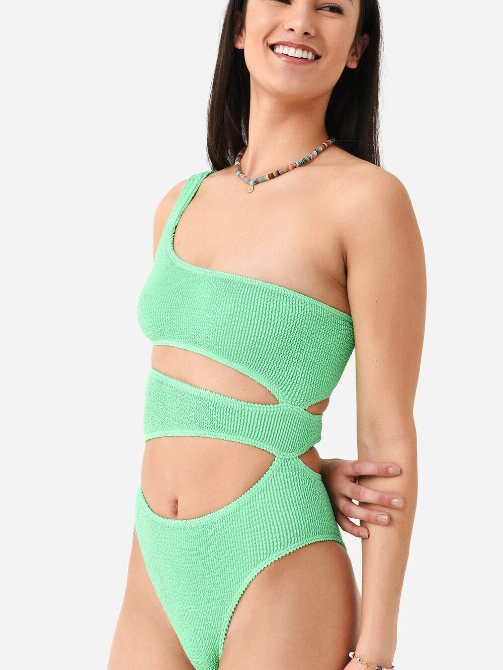 Bond Eye Rico Green One Shoulder Cut Out One Piece Crinkle Swimsuit One Size